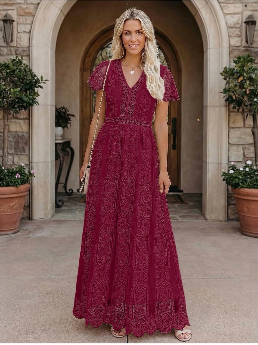 Burgundy Lace Maxi Dress with Short Sleeves